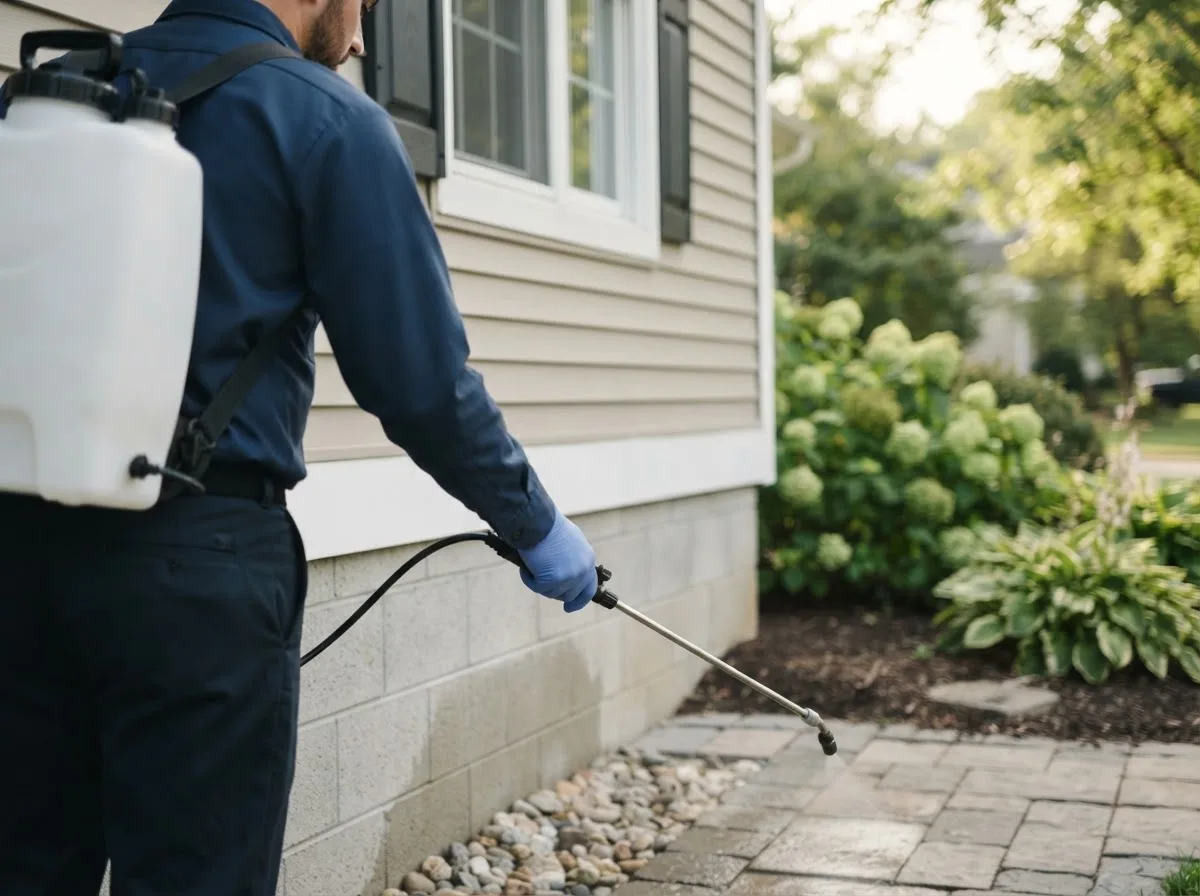 Pest control technician inspecting a home in Norvell, MI